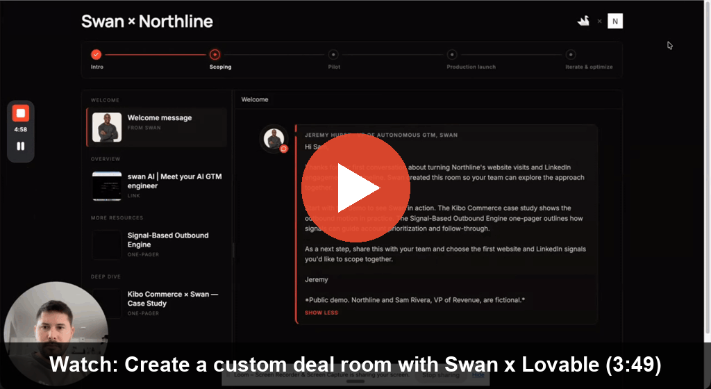 Watch: Create a custom deal room with Swan x Lovable (3:49)